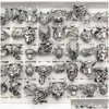 Cluster Rings Fashion 20/30/50/100Pcs Animal Head Ring Gothic Style Punk Tough Guy Vintage Mix Metal Band Fit Men And Women Jewelry Gi Dhoic