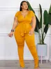 Plus size Dresses ZJFZML ZZ Size Two Piece Set's Costumes Elegant Fashion Deep V Neck Short Sleeve Tops and Pleated Split Pants 230912