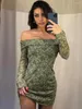 Casual Kleider Kristall Druck Off Schulter Mini Kleid 2023 Sommer Langarm Für Frauen Sexy Großhandel Geburtstag Abend Party Clubwear