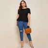 Mulheres Plus Size Camiseta Ruffle Hem Elegante Verão Casual Top Mulheres Manga Curta Fechadura Voltar Sólida Blusa Preta Feminina Grande Camiseta Tee 230912