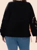 Women's Plus Size TShirt Cotton Elegant and Youth Black Hollow Out Summer Long Sleeve Chubby Pleated Curvy T Shirts Offer 230912