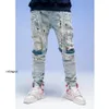 designer jeans Ch amirs high street modemerk waswater Vintage Blauw versleten gat patch knieband Slim Fit Jeans Men282R