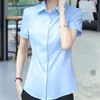 Women's Blouses Blue Professional Shirt Short Sleeve Summer Tops Work Wear White OL Button Female Casual Blouse
