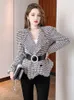 Kvinnors kostymer blazrar mode ol casual jackor för kvinna hundstott asymmetrisk dubbelbröst bälte tassel kostym tweed elegant kort lady coat 230912