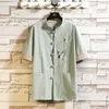 Men's Casual Shirts Japanese Trendy Linen Colour Blocking Short Sleeve Kimono Embroidered Shirt Chinese Tang Tops Plus Size 5XL