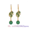 Dangle Oorbellen Groene Jade Blad Jadeïet Amulet Designer Sieraden Vintage Luxe Steen Vrouwen Gesneden Natuurlijke Charme Edelstenen 925 Zilver