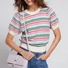 Pulls pour femmes Femmes Coloré Rayé Floral Trim Col Pull 2023 Printemps Et Été Dames Doux Bulle Manches Courtes Pull Tricots