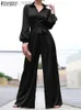 Kobiety Jumpsuits Rompers Kobiety Jumpsuits Rompers Zanzea Women Fashion Satin Jumpsuits Streetwear Turndown Kołnierz Puchanie rękawie TALITED DŁUGO ROMPERS