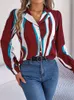 Blusas de mujer Benuynffy Bloque de color a rayas con muescas Cuello en V Tops 2023 Primavera Otoño Manga larga Casual Trabajo Oficina Camisa Top