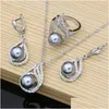 Earrings Necklace Gray Pearl Bridal Jewelry Sets Drop With Cz Stone 925 Sier Women Ring Set Delivery Otqgb