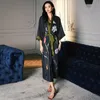 Women's Sleepwear Black Print Flower Long Robe Nightgown Spring Summer Half Sleeve Kimono Bathrobe Gown Women Sexy Rayon Home Dress Loungewear 230912