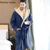 Men's Robes Coral Cashmere Winter Bathrobe Men Blue Comfort Flannel Hooded Bath Robe Wiht String Male Thick Warm Dressing Gow292D