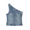 Women's Tanks Womens Tops Summer Irregular Y2K Fashion Denim Blue Sleeveless Backless One Shoulder Vintage Female Short Crop Top 2023