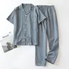 Mannen Nachtkleding 2023 Pyjama Zomer Dunne Korte Mouwen Lange Katoenen Eenvoudige Japanse Effen Kleur Thuisservice Pak Homewear