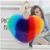 Keychains Lanyards Simation Fur Heart Pom-Pom Keychain Love Fuzzy Bag Purse Charm Ring Fluffy Ball Lovely Valentines Key Chain Fob Fas Dhbwd