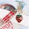 Keychains Lanyards Lovely Red Plaid Ribbon Stberry Keychain Women Girl Jewelry Simated Fruit Bowknot Bag Car Key Holder Keyring Birthd Dh3Ig