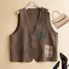 Women's Vests Women Linen Cotton Vest 2023 Summer V -neck Patchwork Pockets Sleeveless Cardigan Tank Tops Female Outerwear