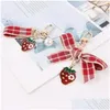 Keychains Lanyards Lovely Red Plaid Ribbon Stberry Keychain Women Girl Jewelry Simated Fruit Bowknot Bag Car Key Holder Keyring Birthd Dh3Ig