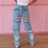 여성 패션 찢어진 구멍 아웃 포켓 프론트 사파리 스타일 청바지 2023 New Summer Ins Street Denim Pants 바지 2309095