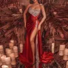 Sparkly Red Gold Sequined Off Shoulder Evening Dresses Luxury High Side Split Prom Gown with Detachable Train Long Formal Party Go300T
