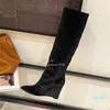 Botas femininas de salto alto na altura do joelho, camurça elástica elegante, botas de equitação de salto alto, sapatos de saia curta respiráveis e justos