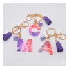 Mode harts Flash Pink 26 Letter Nyckelringar Clash Color Mosaic Tassel Pendant Purple Glue English Word Keychain Drop Delivery