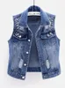 Gilets pour femmes Perles de luxe Mode Ripped Denim Femmes Gilet Automne Plus Taille Jeans Veste sans manches Lâche Court Manteau Causal Gilet