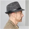 Berets Panama Hat Men Winter Arygian skórzany wełniany dżentelmen Jazz Fedora Caps Mężczyzna Plaid Top swobodne brytyjskie retro sombrero drop dhu61