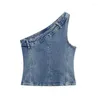 Women's Tanks Womens Tops Summer Irregular Y2K Fashion Denim Blue Sleeveless Backless One Shoulder Vintage Female Short Crop Top 2023