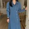 Casual Dresses Vintage Autumn Spring Denim Shirt Dress High Quality Women Lapel Side Single Breasted Long Sleeve Pockets Office Midi