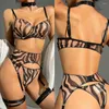 Bras Sets 3 Pcs Women Sexy Zebra Print Lingerie Set Ladies Push Up Bra G-string Belt Leg Stocking Garter Female See Through Mesh Underwear