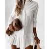 Casual Dresses Women Solid Color Shirt Office Ladies Long Sleeve Lapel Dress Sexy Mini Mid-length Beach Skirt Pleated