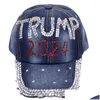 Cappelli da festa Trump 2024 Cappello di jeans Berretto da baseball con diamanti casual Cotone regolabile Consegna di goccia all'ingrosso Forniture festive per giardino domestico Dhqea