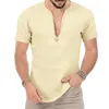 Polos męski Summer Vneck krótkie koszulka koszulka Stylowa mężczyzn na plaży Slim Fit Solid Color Bamboo Bawełniane ubrania Y2K Tops 2023 230912