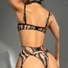 Bras Sets 3 Pcs Women Sexy Zebra Print Lingerie Set Ladies Push Up Bra G-string Belt Leg Stocking Garter Female See Through Mesh Underwear