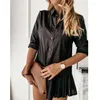 Casual Dresses Women Solid Color Shirt Office Ladies Long Sleeve Lapel Dress Sexy Mini Mid-length Beach Skirt Pleated