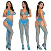 Sexig uppsättning Sexig fisknät Rhinestone BH Pantyhose Suit Diamond Open Crotch Bodstocking Lingerie 230808