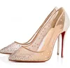 Scarpe firmate Nuova Primavera Estate Stili eleganti Scarpe da donna Strass Tacchi alti Cristalli Décolleté a punta in rete Scarpe da sposa suola rossa con scatola