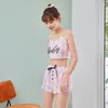 Damen-Nachtwäsche, sexy Pyjama-Set für Frauen, gestreiftes Leibchen mit Buchstabendruck und Zierknopf-Bogen-Shorts, zweiteilige Loungewear-Nachtwäsche
