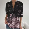 Camicette da donna Tempo libero Moda Primavera Autunno Colletto alla coreana Stampa Camicie Casual Maniche medie Pullover ampio Top Elegante da ufficio