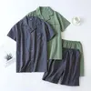 Men's Sleepwear 2023 Pajamas Summer Thin Short-sleeved Shorts Washed Cotton Simple Japanese Plaid Home Service Suit Pantalon Pijama Hombre