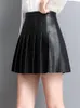 Spódnice prawdziwa skórzana spódnica kobiety 2024 jesień zima krótka plisowana koreańska slim fit fit futt talia marszona czarna czarna