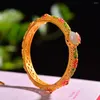 Bangle Gold Emamel Flower White Jade S925 Sterling Silver Hetian Jades Nephrite Hollow Spets Antikblommor Bangles Women