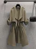 Women's Trench Coats Spring Thin Mid-Length Drawstring Overcoat Long Dress Jacket With Epaulet Khaki Black Cardigan Windbreaker