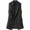 Women's Vests SuperAen Black Suit Vest Autumn 2023 Korean Style Fashion Splice Chiffon Wooden Ear Edge