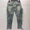 Amirs Designer Men Jeans Amirs Nieuwe High Street Multi Pocket Old Blue Work Cleren Locomotief Washing Ribbon Jeans Tide Brand Poiso302s