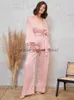 Women's Sleep Lounge Women's Sleepwear Hiloc Tassel Sparcing Women Pyjama Pink Satin Women's Nightwear With Belt Sexy V-Neck Pijama Sets Pants Loose Homel230913