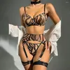 BHs Sets 3 Stück Frauen Sexy Zebra-Print Dessous Set Damen Push-Up-BH G-String Gürtel Bein Strumpf Strumpfband Weibliche durchsichtige Mesh-Unterwäsche