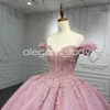 Rose Pink Off Shoulder Quinceanera Dresses Gillter Skirt Lace Applique Beaded Corset Prom vestido de aniversario de 15 anos