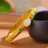 Bangle S925 Sterling Silver White Jade Women Fine Jewelry Genuine Hetian Jades Nephrite Ancient Hollow Lace Enamel